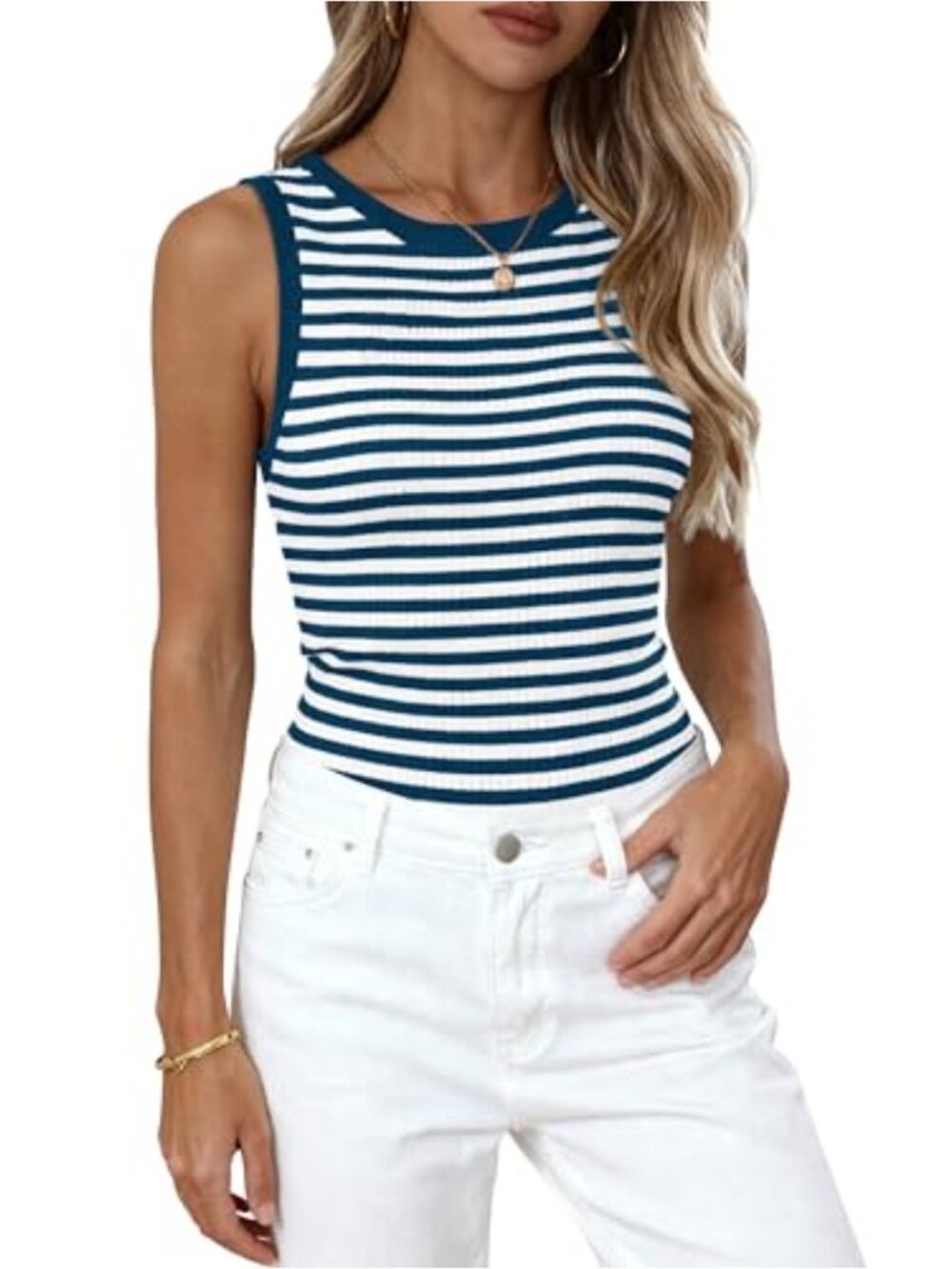 Striped Ribbed Knit High Neck Tank Top Fitted Sleeveless Sweater